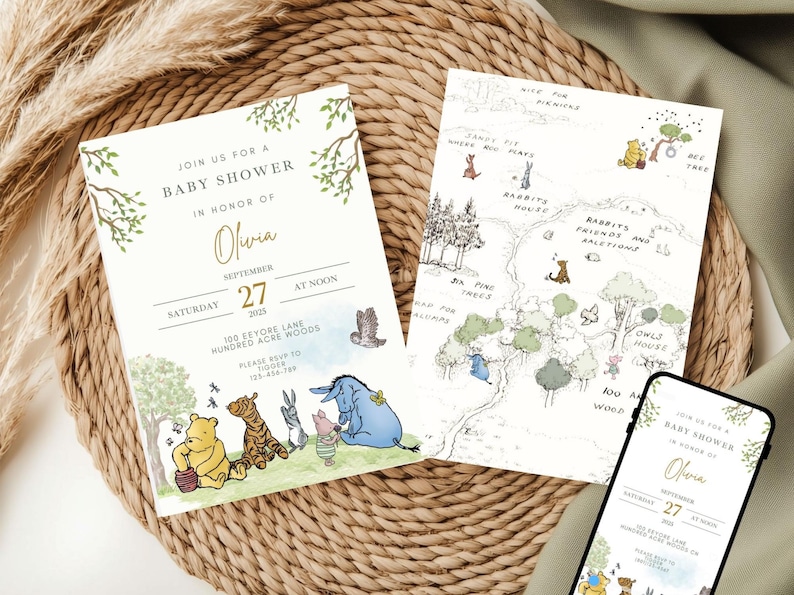 Winnie The Pooh Neutral Baby Shower Digital Bundle Classic Winnie Pooh Baby Shower Invitation Bundle Hundred Acre Winny Pooh Gender Neutral mobile evite