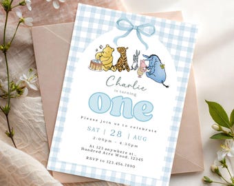 Winnie-the-pooh-jungen Einladung Geburtstag Winnie-the-pooh 1. Geburtstag einladen Winnie-the-pooh Winny-the-pooh erste Geburtstag blau