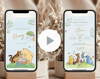 Invito video per baby shower Winnie the Pooh, modello animato Canva, download digitale, invito per baby shower Winnie the Pooh neutro, Winny Pooh