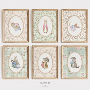 May include: Six framed art prints with watercolour illustrations of storybook animals. Each print has a floral background and an oval central image. The animals include a mouse, rabbit, and cat, all dressed in vintage clothing.