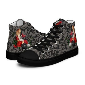 Alice in Wonderland Women’s high top canvas shoes Dark Gothic Romance boots Roses Alic in Wonderland hi top sneakers Alice-in-Wonderland