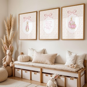 Peter Rabbit baby nursery wall art digital print  Pink girl Peterrabbit decor printable set of 3 Vintage Floral coquette Beatrix Potter art