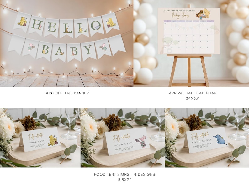 Winnie The Pooh Neutral Baby Shower Digital Bundle Classic Winnie Pooh Baby Shower Invitation Bundle Hundred Acre Winny Pooh Gender Neutral. Banner, calendar