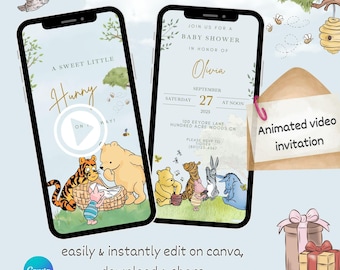 Invito animato per baby shower con video di Winnie the Pooh Modello Canva Download digitale Invito per neonato Winnie the Pooh di genere neutro Winny Pooh