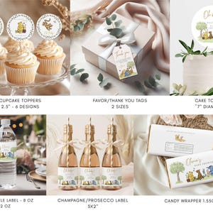K&ouml;nnte beinhalten: Eine Sammlung von Partyartikeln zum Thema Winnie Puuh, darunter Cupcake-Topper, Gastgeschenkanh&auml;nger, ein Tortenaufsatz, Wasserflaschenetiketten, Champagneretiketten und S&uuml;&szlig;igkeitenverpackungen. Die Artikel zeigen Illustrationen von Puuh und seinen Freunden.