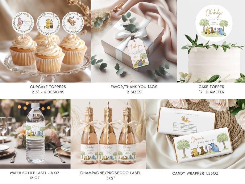 K&ouml;nnte beinhalten: Eine Sammlung von Partyartikeln zum Thema Winnie Puuh, darunter Cupcake-Topper, Gastgeschenkanh&auml;nger, ein Tortenaufsatz, Wasserflaschenetiketten, Champagneretiketten und S&uuml;&szlig;igkeitenverpackungen. Die Artikel zeigen Illustrationen von Puuh und seinen Freunden.