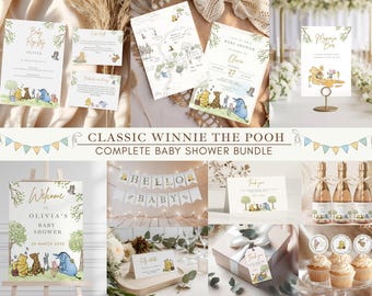 Classic Winnie the Pooh Baby Shower Bundle | Hundred Acre Wood Theme | Editable Canva Templates | Gender Neutral Party Decor Cute baby showe
