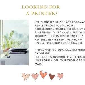 K&ouml;nnte beinhalten: Das Bild zeigt eine Frau mit einem Drucker, mit dem Text "LOOKING FOR A PRINTER?" und eine Empfehlung f&uuml;r Prints of Love. Der Text enth&auml;lt einen Weblink und einen Rabattcode f&uuml;r Druckdienste.