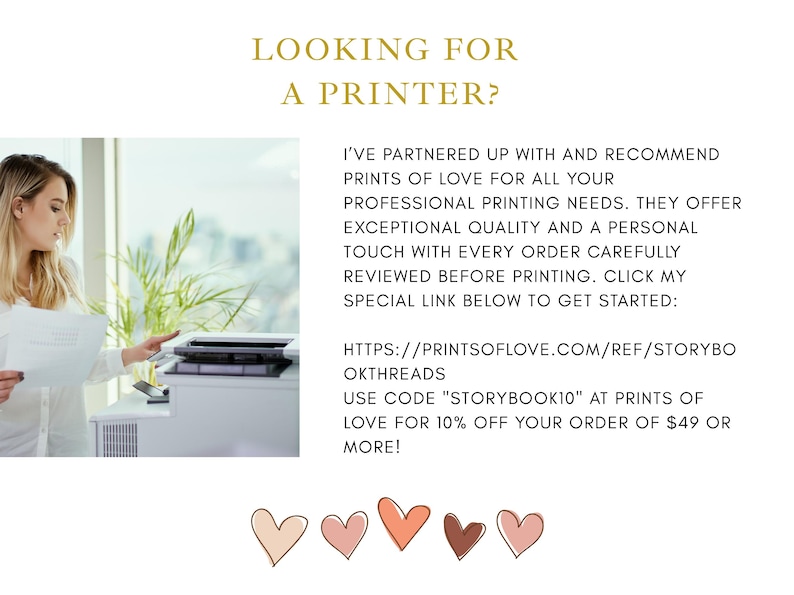 K&ouml;nnte beinhalten: Das Bild zeigt eine Frau mit einem Drucker, mit dem Text "LOOKING FOR A PRINTER?" und eine Empfehlung f&uuml;r Prints of Love. Der Text enth&auml;lt einen Weblink und einen Rabattcode f&uuml;r Druckdienste.