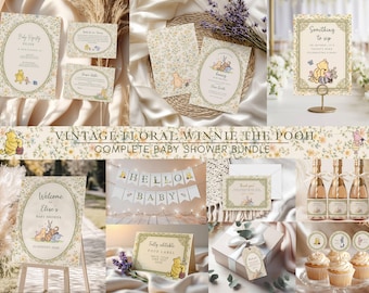 Winny Puuh-Baby-Dusche-Bündel Einladung komplettes Set Vintage Floral Classic Winnie-the-Pooh digitaler Download Windel Verlosung Register