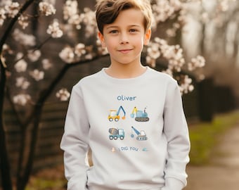 Sweat-shirt de véhicule de construction pour garçons personnalisé avec le nom Excellent cadeau pour les tout-petits et les jeunes garçons Camion à benne basculante Digger Mixer Jumper