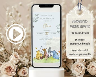 Invito video animato per baby shower Winnie the Pooh Modello Canva Download digitale Invito per neonato Winnie the Pooh neutro nel genere Winny Pooh