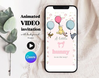 Plantilla de Canva para invitación de video animada para baby shower de Winnie the Pooh, descarga digital, rosa, niña, Winnie the Pooh, invitación, floral vintage