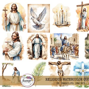 Grafica religiosa ad acquerello, pacchetto di poster di Gesù per scrapbooking, diario spazzatura, scenari biblici digitali, clipart della Settimana Santa, uso commerciale.