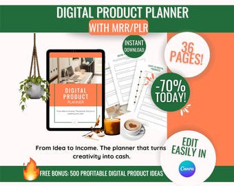 Digital Product Planner Canva Template: PLR/MRR, Editable eBook