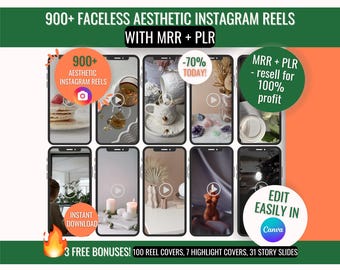900+ Faceless Instagram Reels Bundle MRR PLR, Editable Instagram Videos, Faceless Marketing