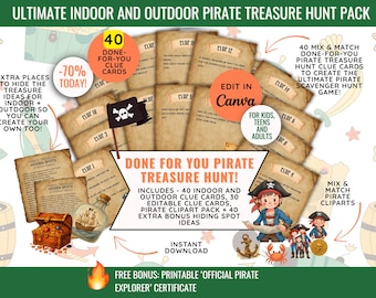 Peut inclure: Image promotionnelle pour un pack de chasse au trésor de pirates. Le pack comprend 40 cartes d'indices intérieures et extérieures, des cliparts de pirates et des idées de cachettes supplémentaires. L'image présente un coffre au trésor, un drapeau pirate et un pirate de dessin animé.
