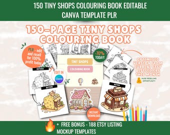 150-Page Tiny Shops Colouring Book, Editable Canva Template, PLR Resell Rights, Kawaii Bundle