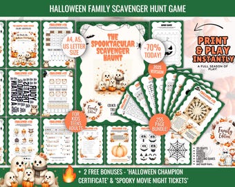 Pode incluir: Um jogo de caça ao tesouro familiar com tema de Halloween com páginas para imprimir. O design apresenta fantasmas, abóboras e o texto "The Spooktacular Scavenger Haunt". Inclui certificados e bilhetes de cinema de bónus. Tamanho A4, A5, US Letter.