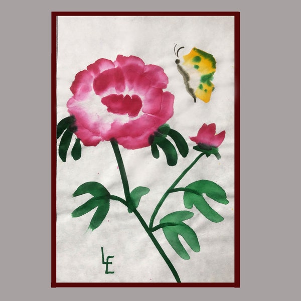 ORIGINAL Bild  Pfingstrosen mit Schmetterling, Sumi-e Technik ,Tuschemalerei, auf Reispapier gemalt