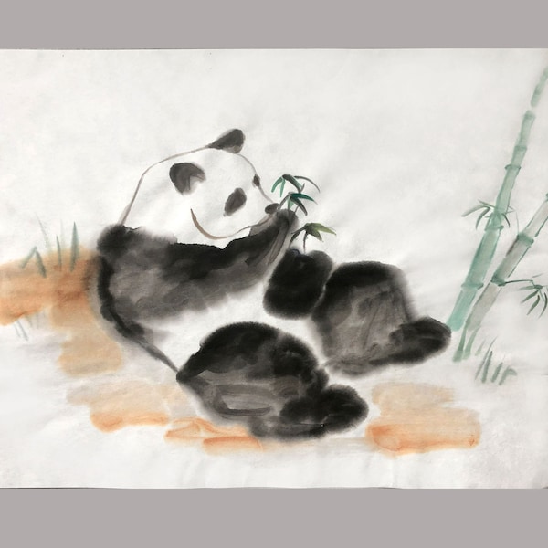 ORIGINAL Bild  Panda  mit Bambus, Sumi-e Technik ,Tuschemalerei, auf Reispapier gemalt, Muttertag Geschenk, Babyzimmer Deko