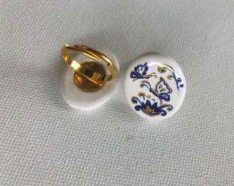 Porzellan Ring handbemalt, Porzellan Ring verstellbar vergoldet, Keramikschmuck Geschenk Muttertag.