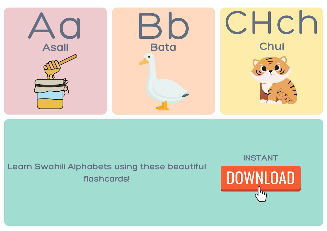 SWAHILI Alphabet Printable Flashcards, SWAHILI Language Digital Print