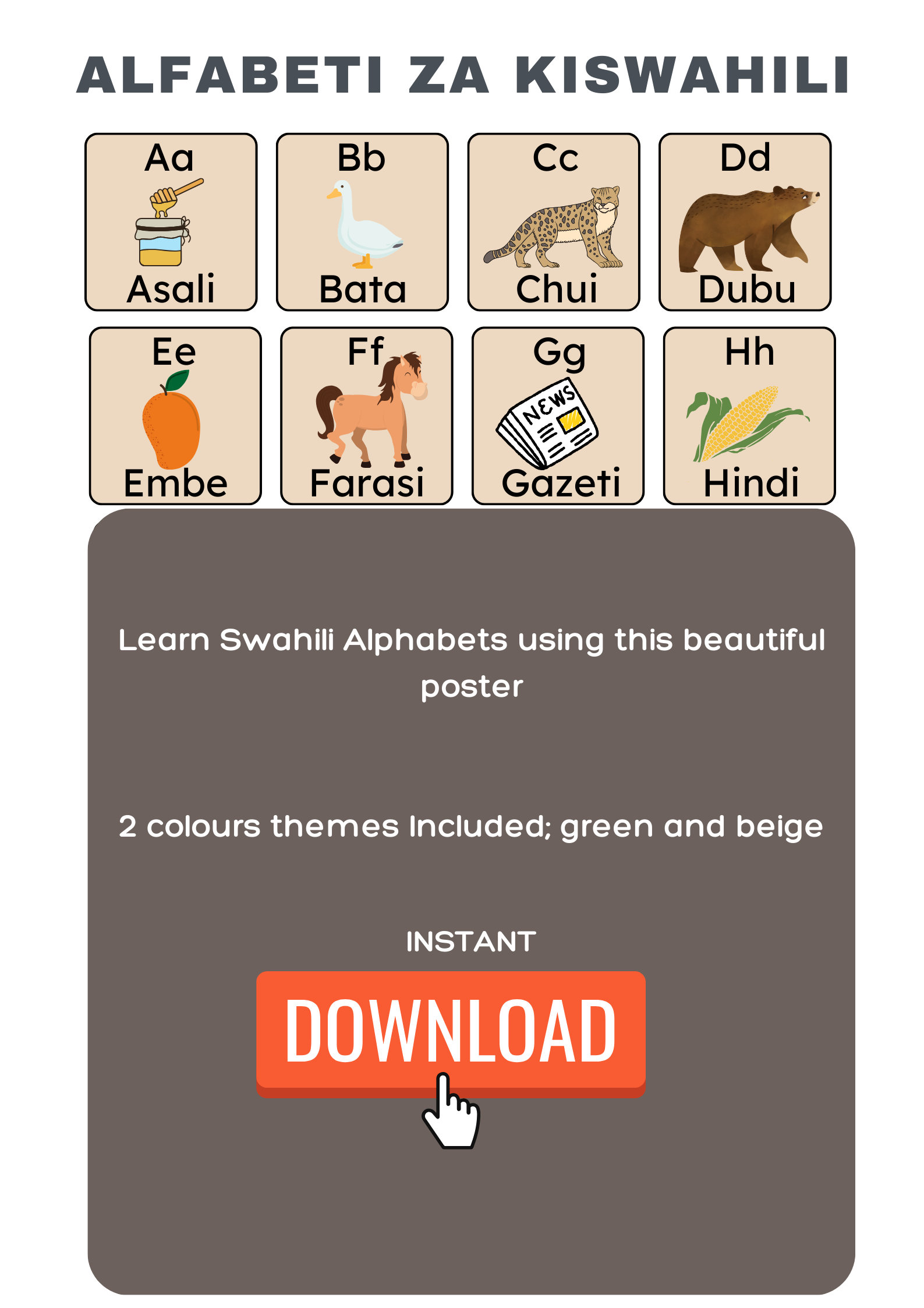 SWAHILI Alphabet Printable Poster, SWAHILI Language Digital Print