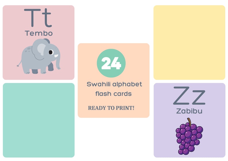 SWAHILI Alphabet Printable Flashcards, SWAHILI Language Digital Print