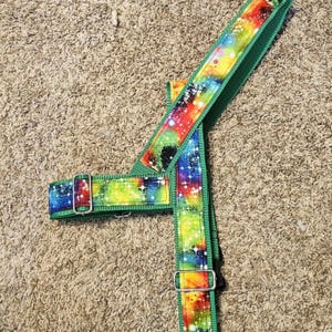 Może przedstawiać: Zielona szelka dla psa z kolorowym nadrukiem galaktyki. Szelka ma dwie regulowane klamry.