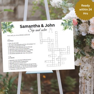 Custom Wedding Crossword Puzzle Personalized Bridal Shower Crossword Game Large Sip & Solve Puzzle Giant Crossword Puzzle wedding signs