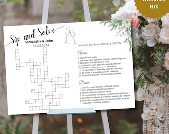 Bruiloft kruiswoordraadsel Gepersonaliseerde bruids douche kruiswoordraadsel Grote Sip & Solve puzzel Grote kruiswoordraadsel bruiloft borden