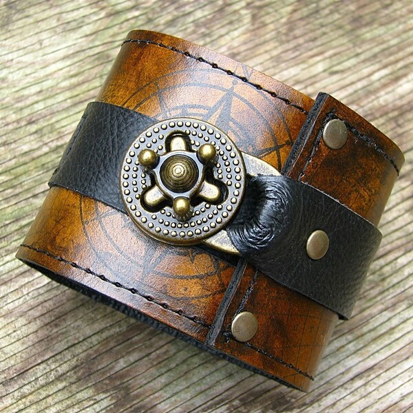Steampunk Leather Wrist Wallet Bracelet Cuff for Men & Women that travel - World Map - Made To Order