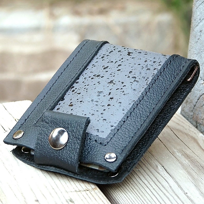 Leather Wallet For Men Slim Jim Bifold Money Clip Black Rain On Gray Inlay In Black - 