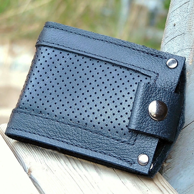 Men S Black Leather Slim Jim Bifold Money Clip Wallet With Perforated Inlay - 