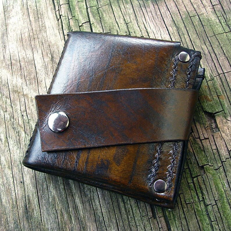 Men S Brown Leather Money Clip!    Bifold Snap Wallet Hand Stitched Wood Grain Made To Order - 
