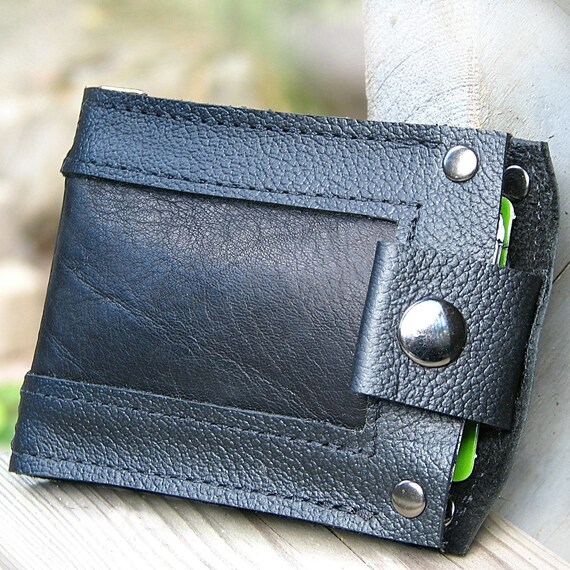 Men S Black Leather Snap Wallet Minimalist Bifold Bilfold Money Clip - 