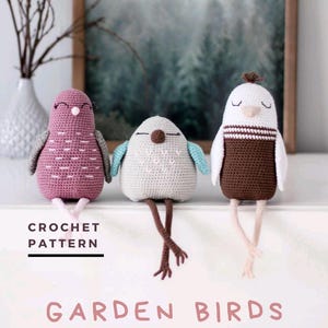 May include: Crochet pattern for three amigurumi garden birds. The birds are pink, gray, and brown with white accents. The pattern is titled "Garden Birds".