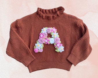 Personalised Jumper / Sweater / Romper, Baby Boy / Baby Girl, With Name / Age / Initial, Floral or Outlined, Button Romper / Knit Bodysuit