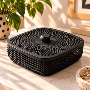 Puede incluir: Una caja de almacenamiento cuadrada de color negro mate con un diseño de malla enrejada en los lados y la tapa. La tapa cuenta con un pomo circular sólido centrado para levantarla. El recipiente tiene esquinas redondeadas y un acabado oscuro uniforme.