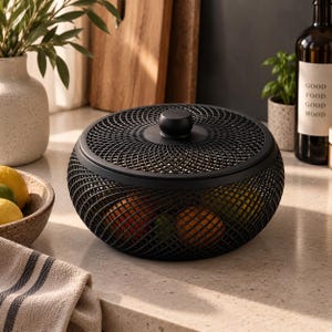 Puede incluir: Un frutero redondo de metal negro con una tapa a juego que presenta un patrón de celosía circular y un pomo central. El cuenco tiene una base ancha y curva, y contiene varias frutas cítricas visibles a través del intrincado diseño de malla.