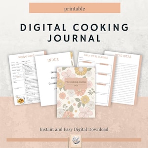 Pode incluir: Diário de cozinha digital imprimível com um design floral. O diário inclui páginas para receitas, planejamento de refeições, listas de compras, ideias de refeições e um planejador de refeições diário.