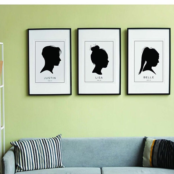 Custom Face Silhouette, Printed Children Silhouette, Wall Art, Family Gift.