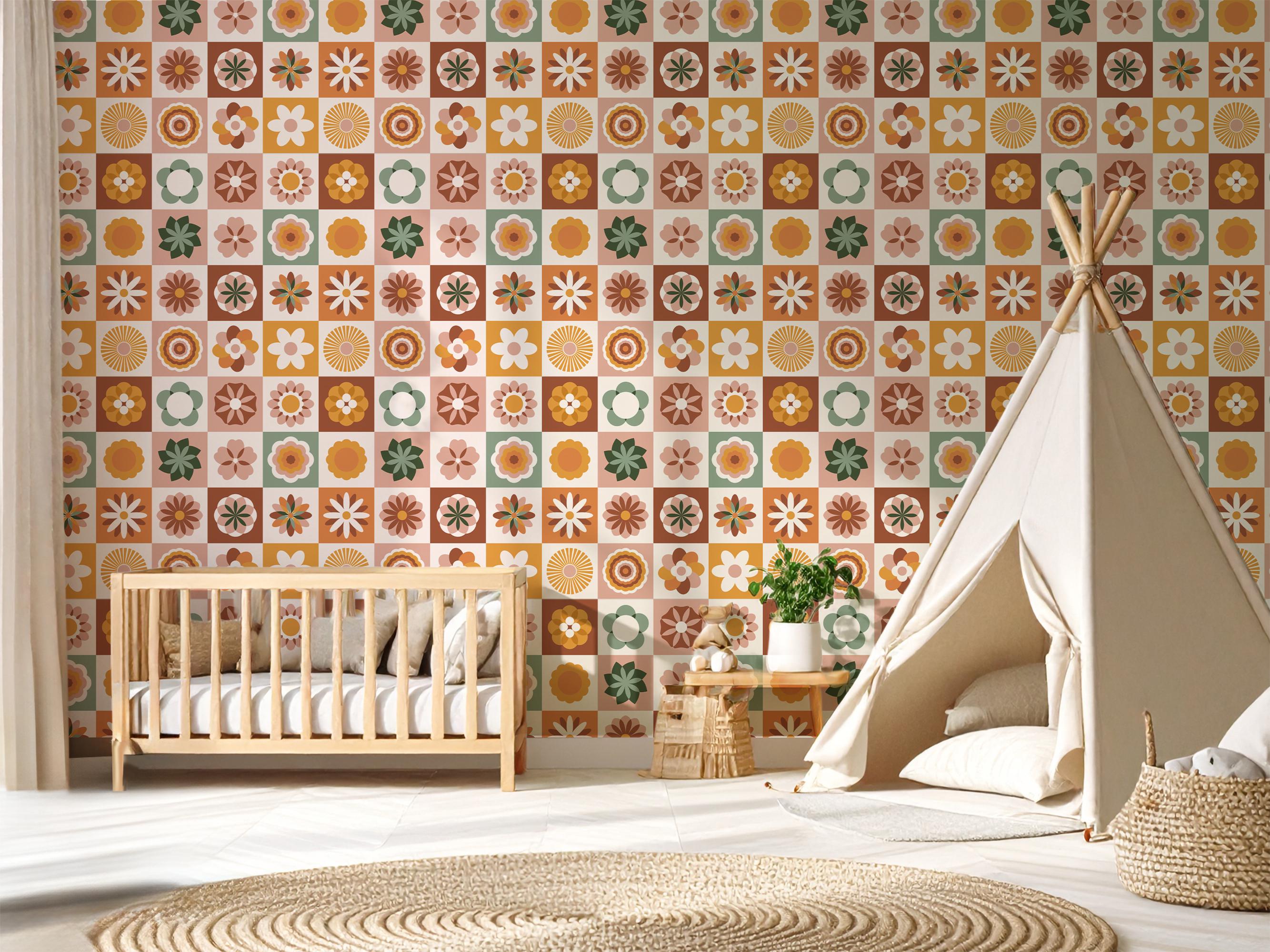 Retro Floral Peel and Stick Wallpaper: 70s Floral Wall Mural, Colorful ...