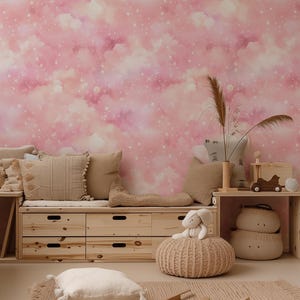Carta da parati moderna autoadesiva con cielo, nuvole e stelle, viola e rosa, decorazione da parete per la casa