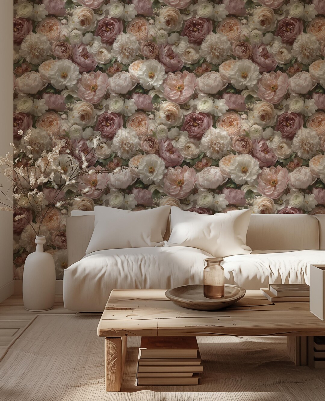 Pink Peony Wallpaper Mural: Realistic Floral Peel and Stick Wall Decor ...