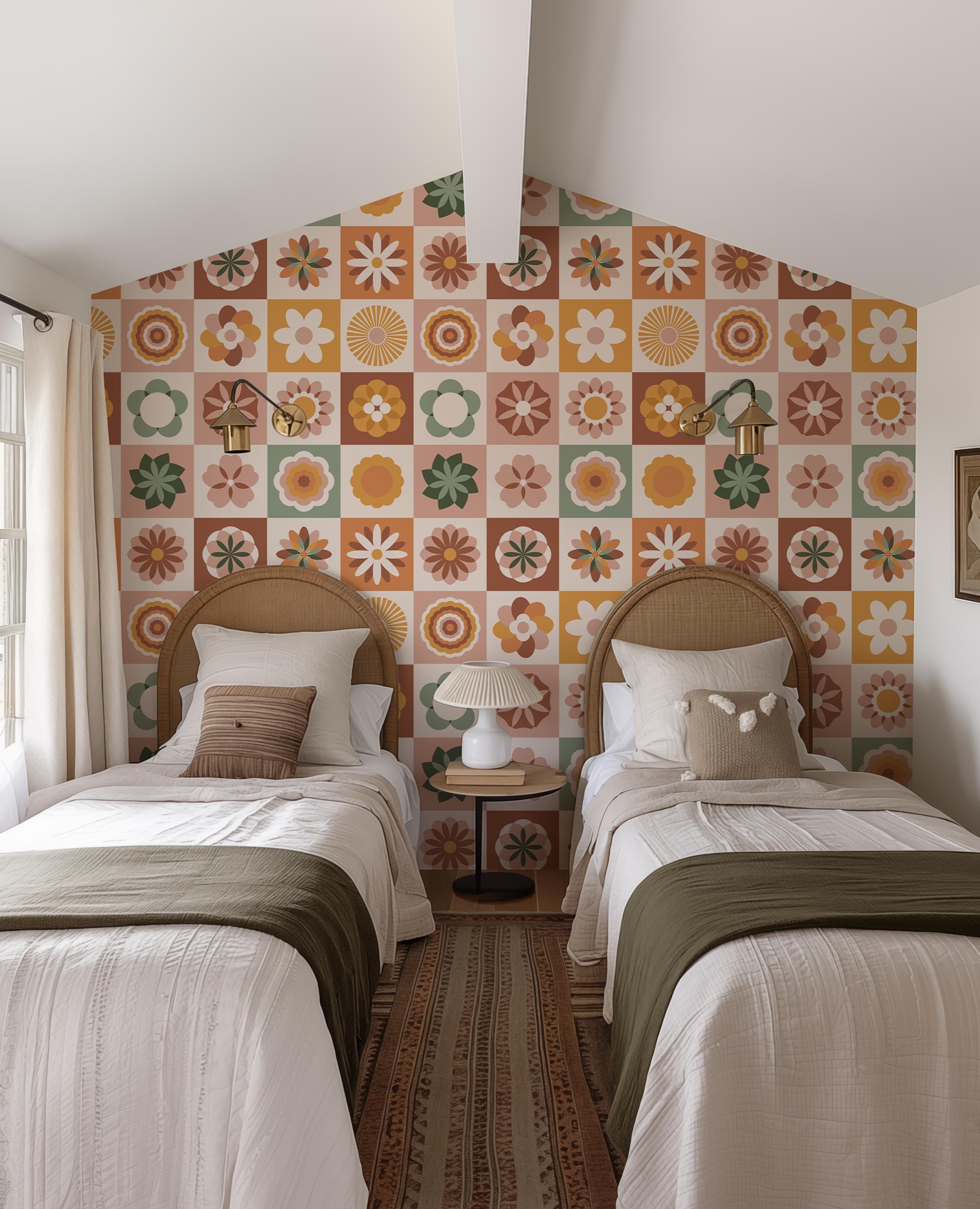 Retro Floral Peel and Stick Wallpaper: 70s Floral Wall Mural, Colorful ...