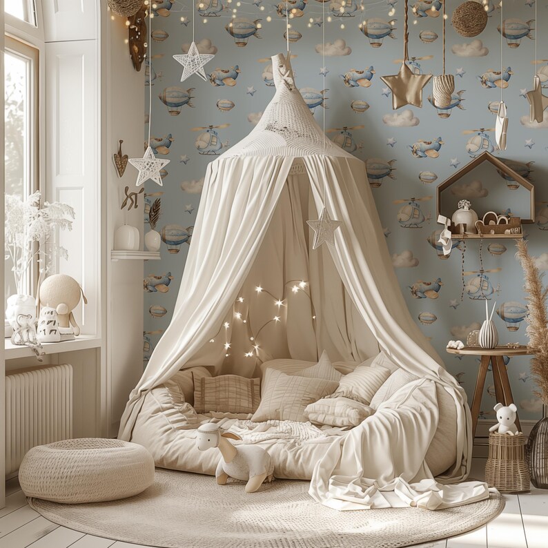 Light Blue Baby Boy Nursery Wallpaper Mural: Peel and Stick Wall Decor ...