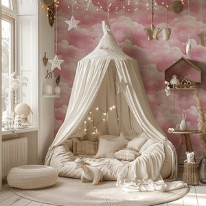 Murales rosa da sogno con cielo, nuvole e stelle, sfondo moderno, carta da parati autoadesiva, stacca e attacca, decorazione da parete per la casa