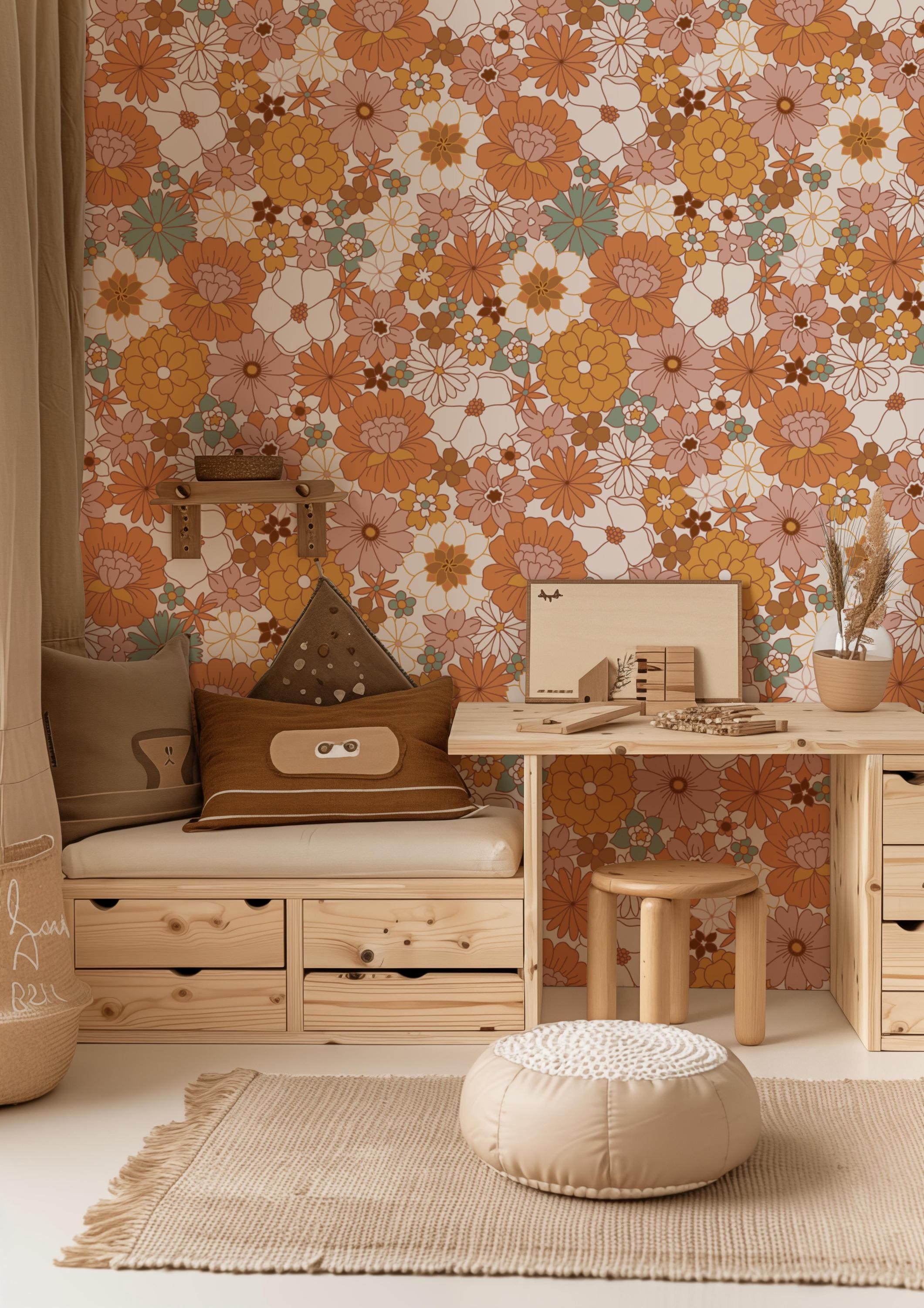 Retro Floral Peel and Stick Wallpaper: Terra Murals, Modern Home Decor ...